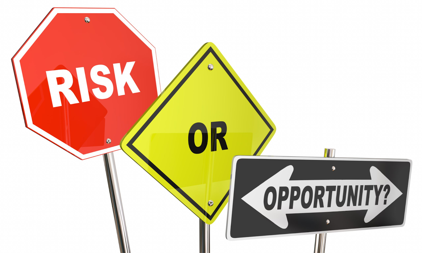 Three road signs: a red octagon labeled "RISK," a yellow diamond with "OR," and a black sign pointing left and right …